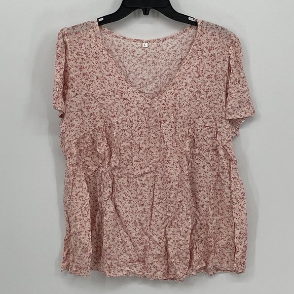 Women's Pink Ditsy Floral V-Neck Empire-Waist Top, Size Large - Picture 3 of 7